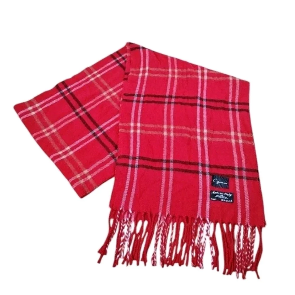 Cejon Italian Acrylic Fringed Long Neck Scarf Red Tartan Plaid Holiday Ski 11/62